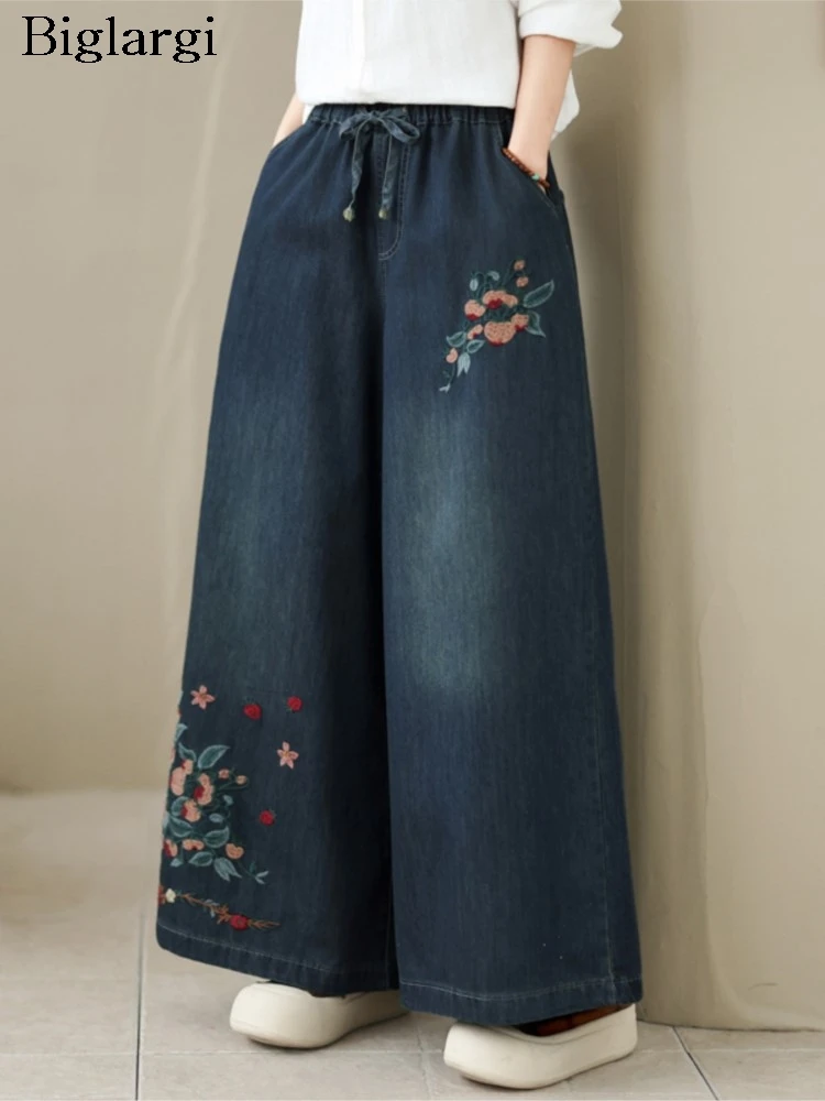 

Oversized Denim Pants Spring Women Flower Embroidery Fashion Wide Leg Ladies Trousers Loose Ethnic Style Woman Jeans