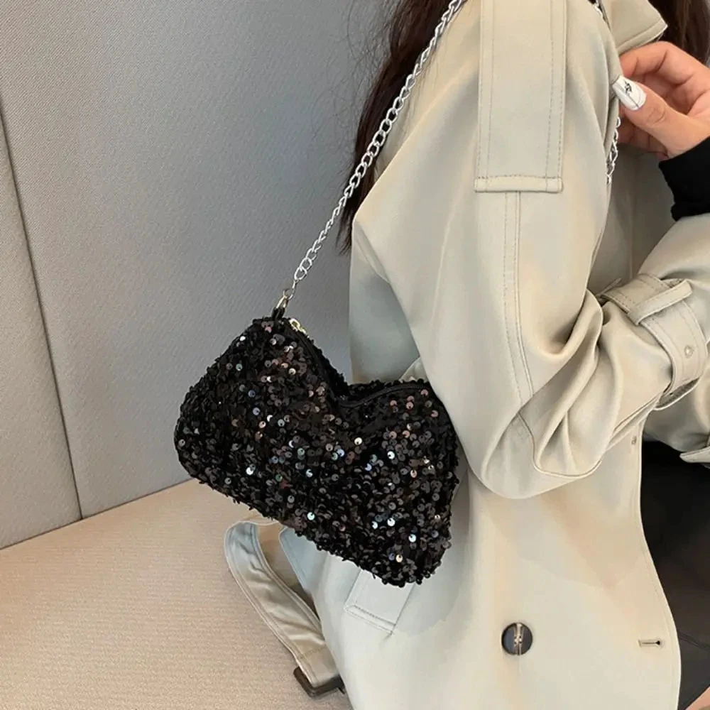 Einfarbige Umhängetasche mit Pailletten, einfache INS-Kette, Pailletten, Umhängetasche, Tasche, Handytasche, kleine quadratische Tasche, Dinner-Party – Detail 4