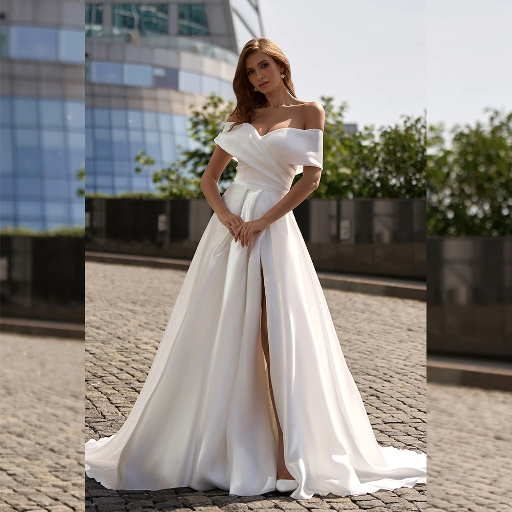 

Stunning Off The Shoulder Wedding Dress Floor Length Side Slit A-Line Customize To Measures Robe De Mariee Corset Back Beach