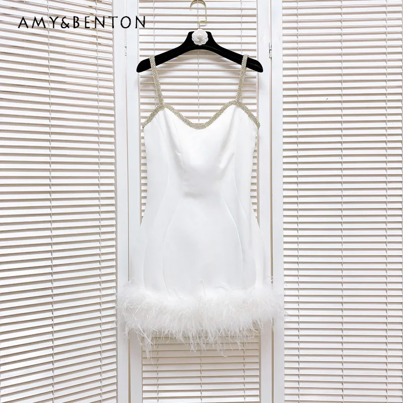 

2023 Spring and Summer New Ostrich Feather Stitching Crystal Trim Camisole Gown Dress Sheath Party Short Sling Dress for Women