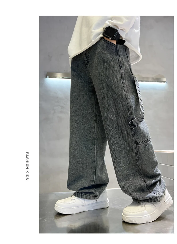Graue Vintage-Jeans mit Tasche für Jungen, modische High-Street-Denim-Hose, lässige gerade Jeanshose für Teenager. – Detail 10