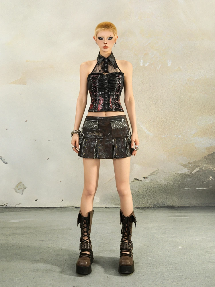 Gothic Heavy Industry Halter Spaghetti Straps Stitching Lace Dark Punk Hot Girl Top Leather Vest
