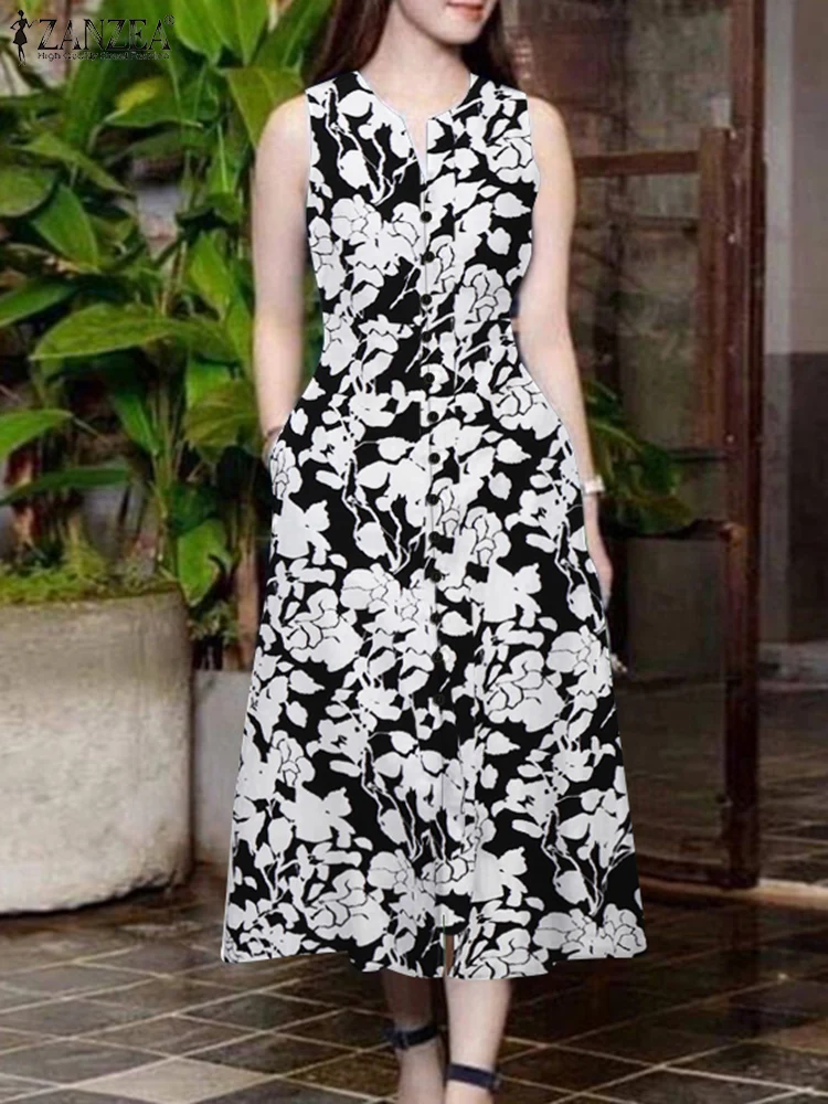 ZANZEA Ärmelloses V-ausschnitt Tank Vestidos 2025, Sommer Floral Print Lässige Mode A-linie Roben Femme Pendeln Frau Midi Kleider