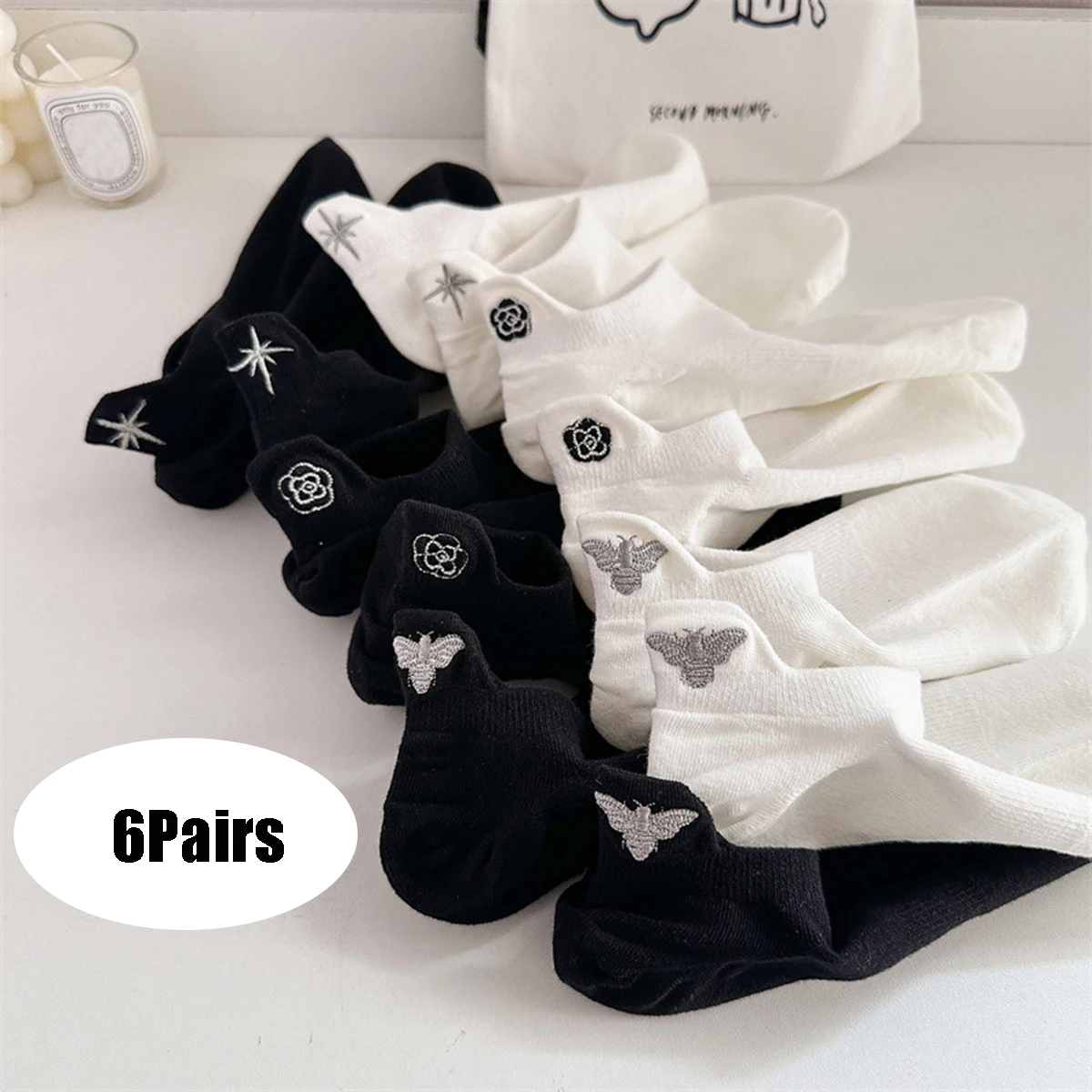 6 Pair Luxury Brand Women Socks Cute Animal Flower Embroidery Short Socks Shallow Mouth Breathable Spring Summer Female Socken