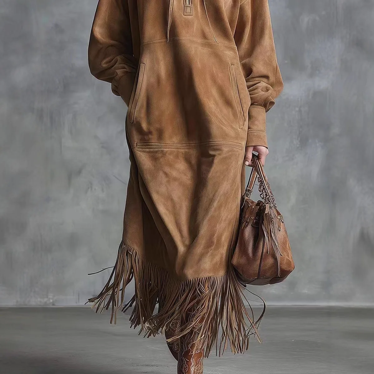 Western Retro Solid Suede Tassel Long Dresses Women Autumn Long Sleeve Zipper Loose Stright Dress Elegant Streetwear Dress