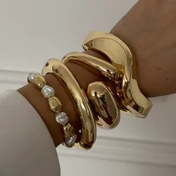 Exaggerated Punk Style Gold Color Metal Bangles for Women Irregular Geometric Wide Chunky Cuff Wrist Bracelet Hip Hop Jewelry