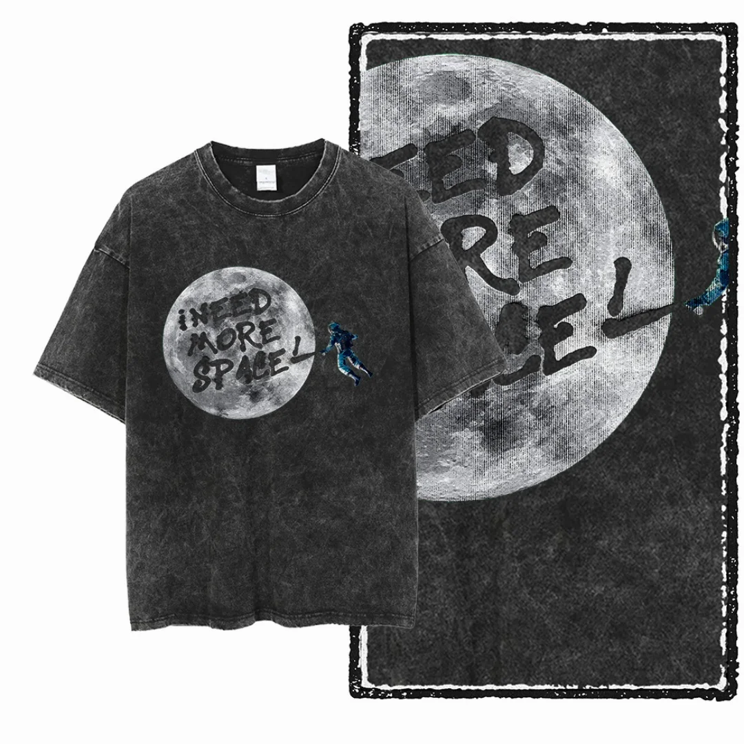 

New Vintage Washed Moon & Astronaut I Need More Space Slogan Men T Shirt Oversized Black T-Shirt Retro-aged Casual Streetwear