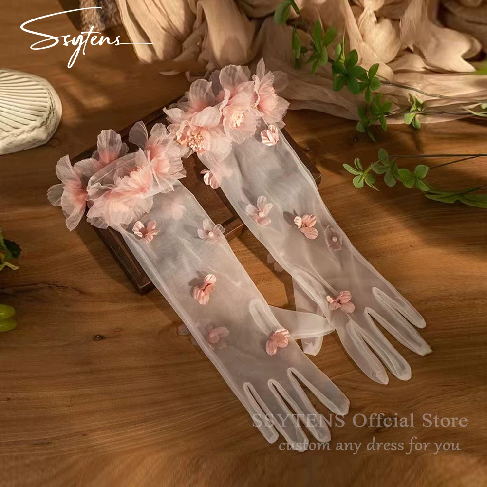 قفازات زفاف طويلة من التول الأبيض الوردي الحلو حالمة جديدة - إكسسوارات فستان سهرة أنيقة لحفلات الزفاف لوصيفة العروس #1