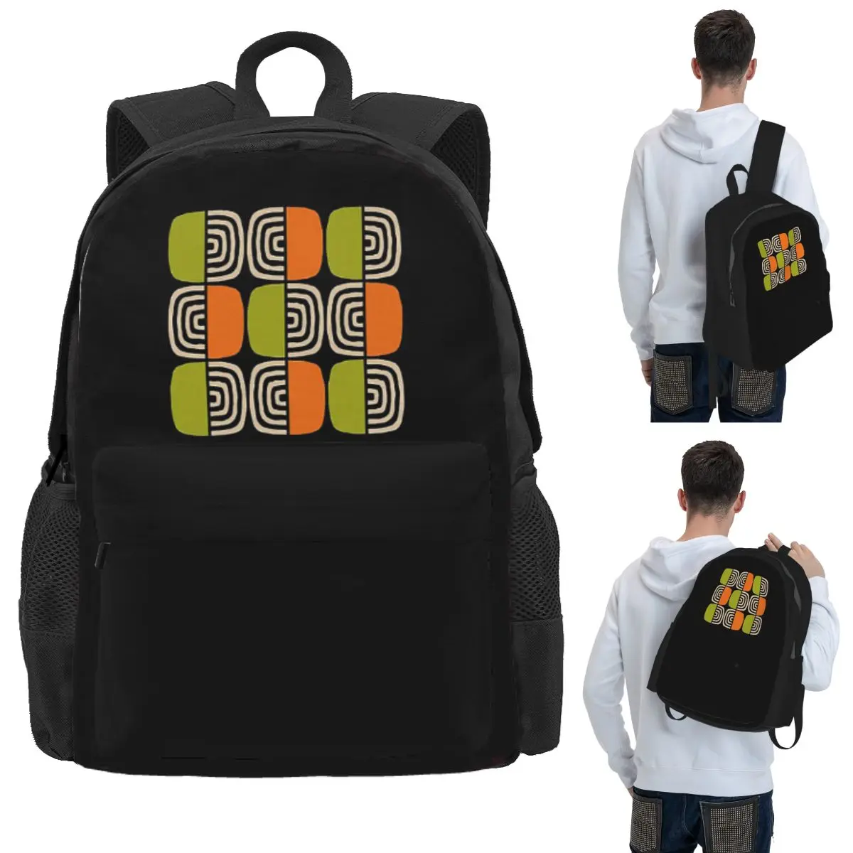 Half Concentric Circle Pattern Black Orange Green And Beig Backpack School Bag Hiking Travel Daypack Bookbag Shoulder Bags