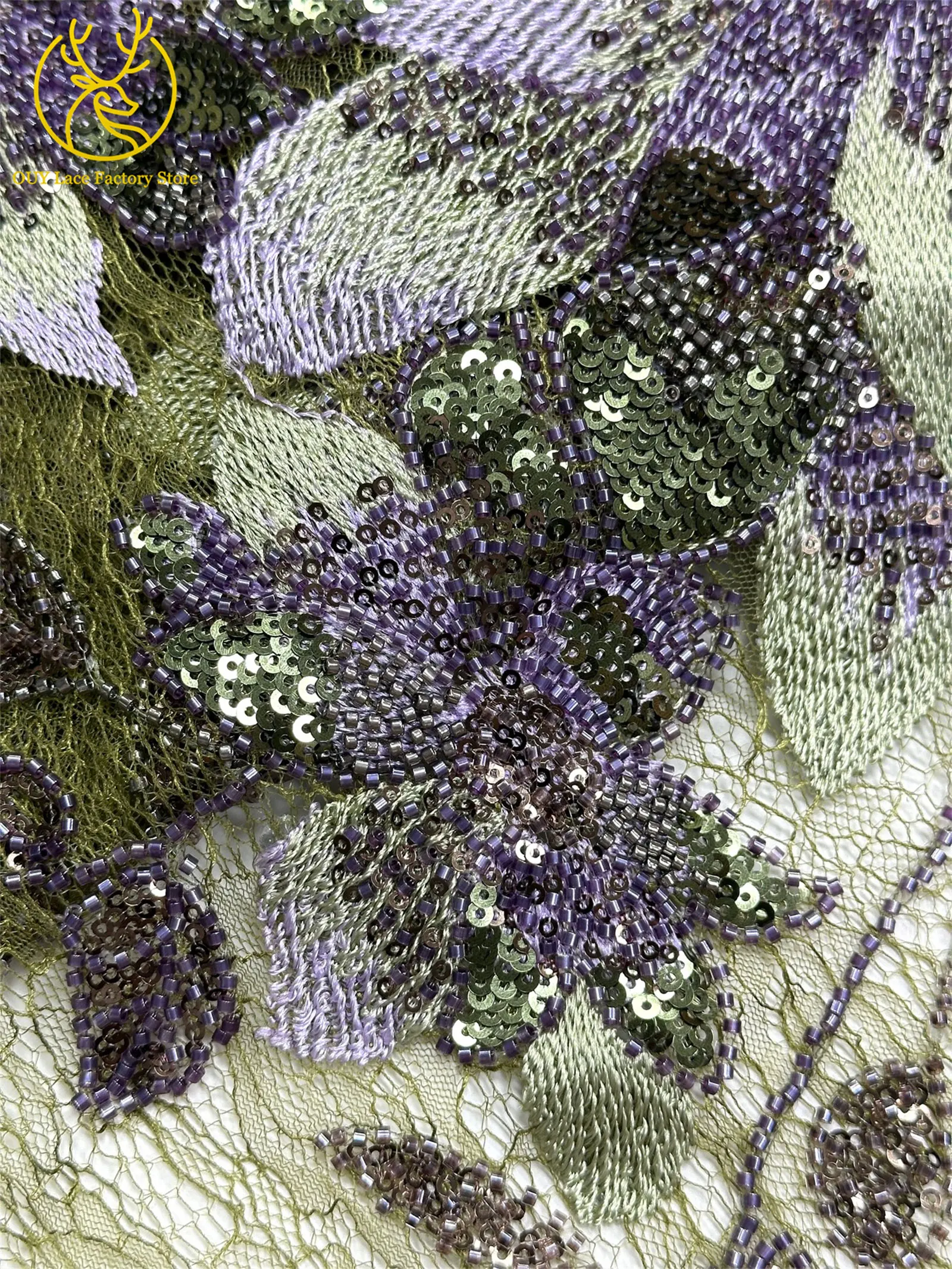 3D-Stickerei-Blattapplikation mit Pailletten, Röhrenperlen und Spitze, hochwertiger französischer Tüllspitzenstoff für Hochzeitskleider, Brautkleider und Partykleider zum Nähen. – Detail 15