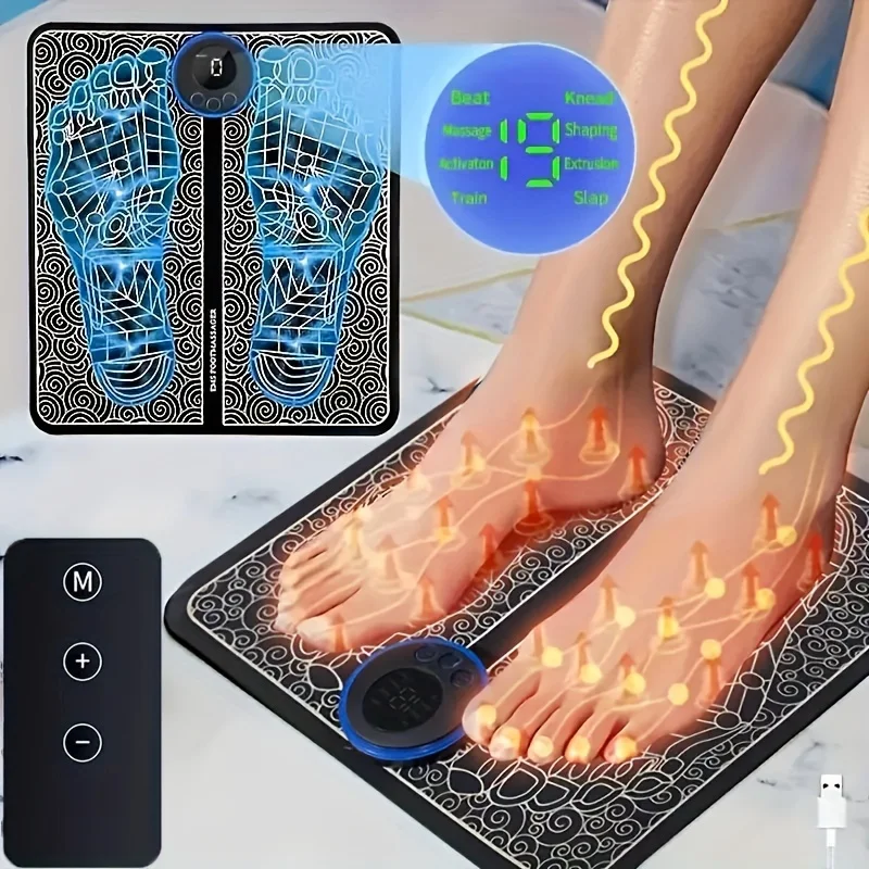 Electric EMS Foot Massager Mat Muscle Stimulator Pad, 8 Modes 19 Levels with Remote Control, Foldable Foot Massage Pad for Leg Reshaping & Pain Relief, Ideal for Standing Workers, Post-Workout, Home Office & Travel