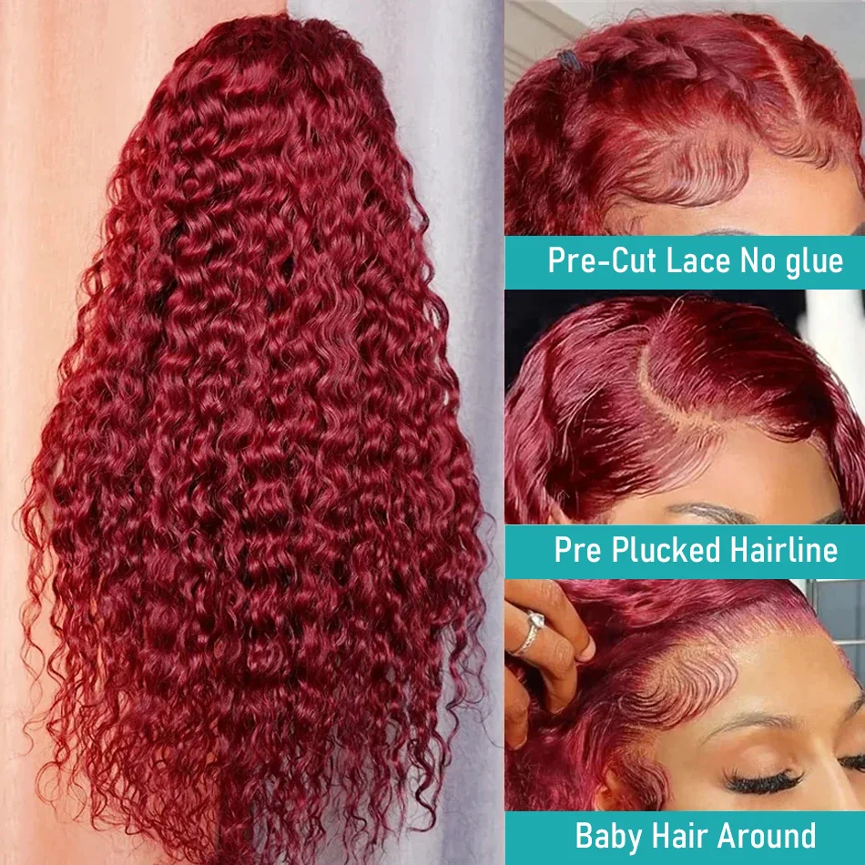 Borgonha 99j onda profunda perucas dianteiras do laço do cabelo humano peruca frontal do laço hd renda transparente 13x6 vermelho colorido cabelo brasileiro para mulher