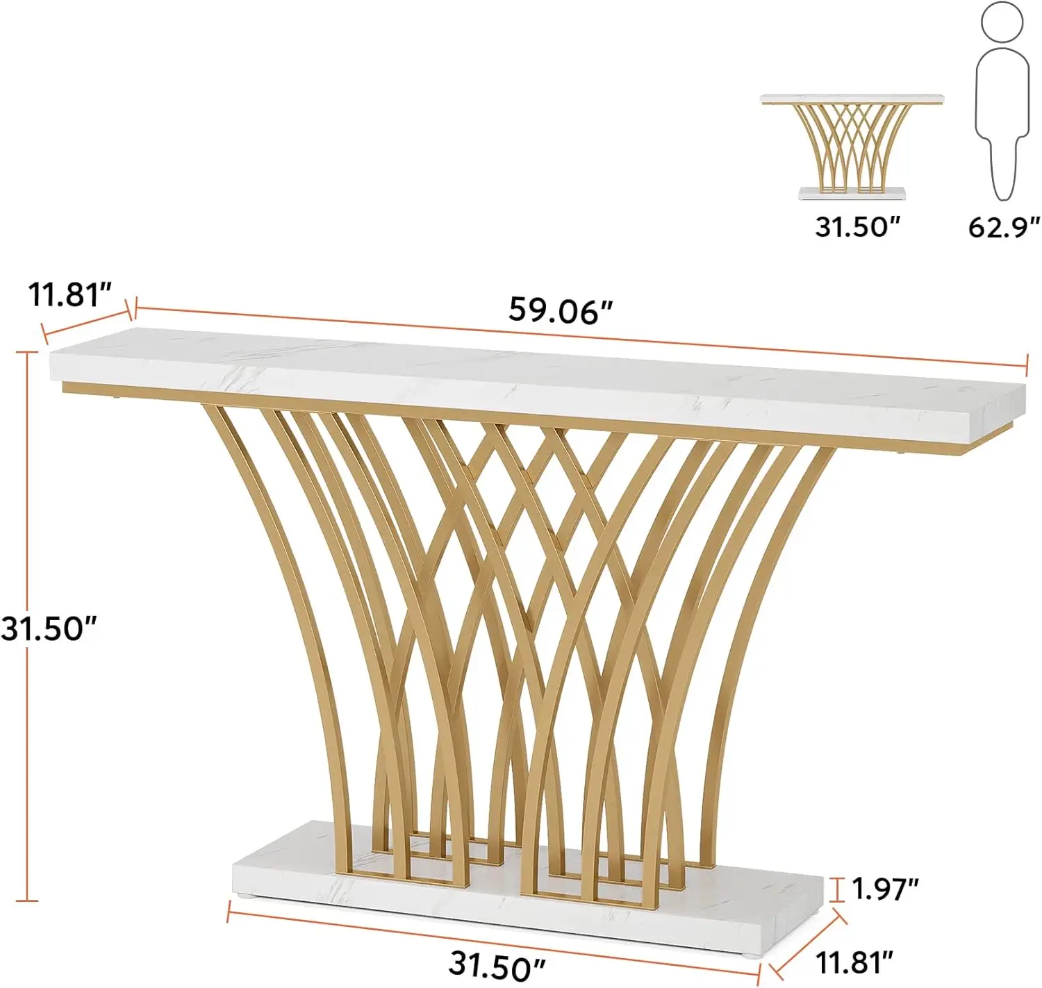 59 inch Gold Console Table, Modern Entryway Table with Grid-Shaped Metal Base for Entrance, Hallway, Entryway, Living Room