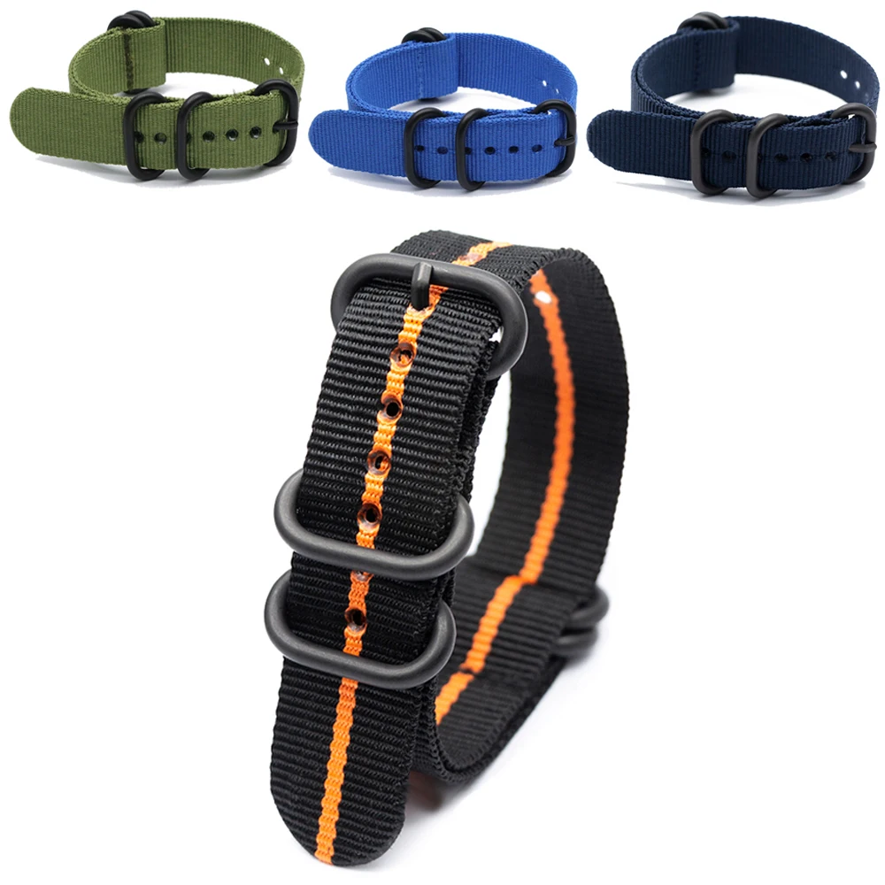 3  Army Sports Wristband for Watch Strap Nylon Cloth Stripe Bracelet with Black Heavy Ring Buckle for 18mm 20mm 22mm 24mm