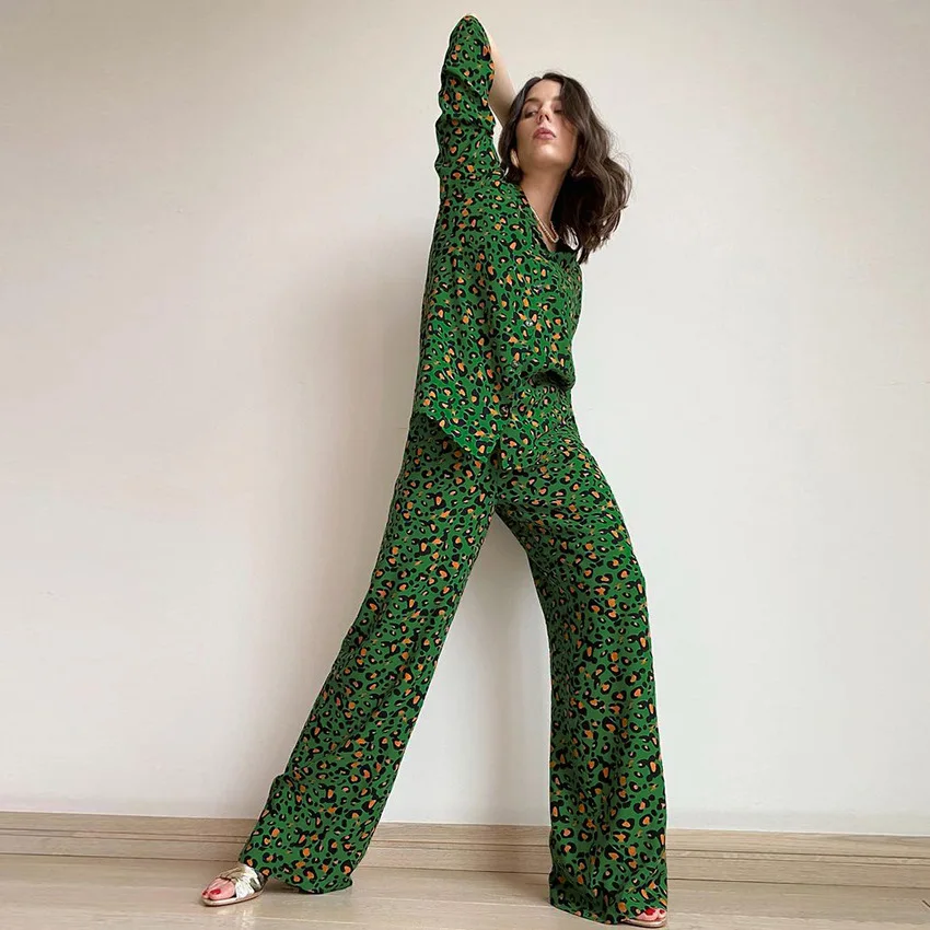 

Fall Leopard Long Sleeve 2 Piece Pants Sets Women 2022 Fashion Casual Autumn Vintage Green Print Elegant Vestidos Ladies Clothes