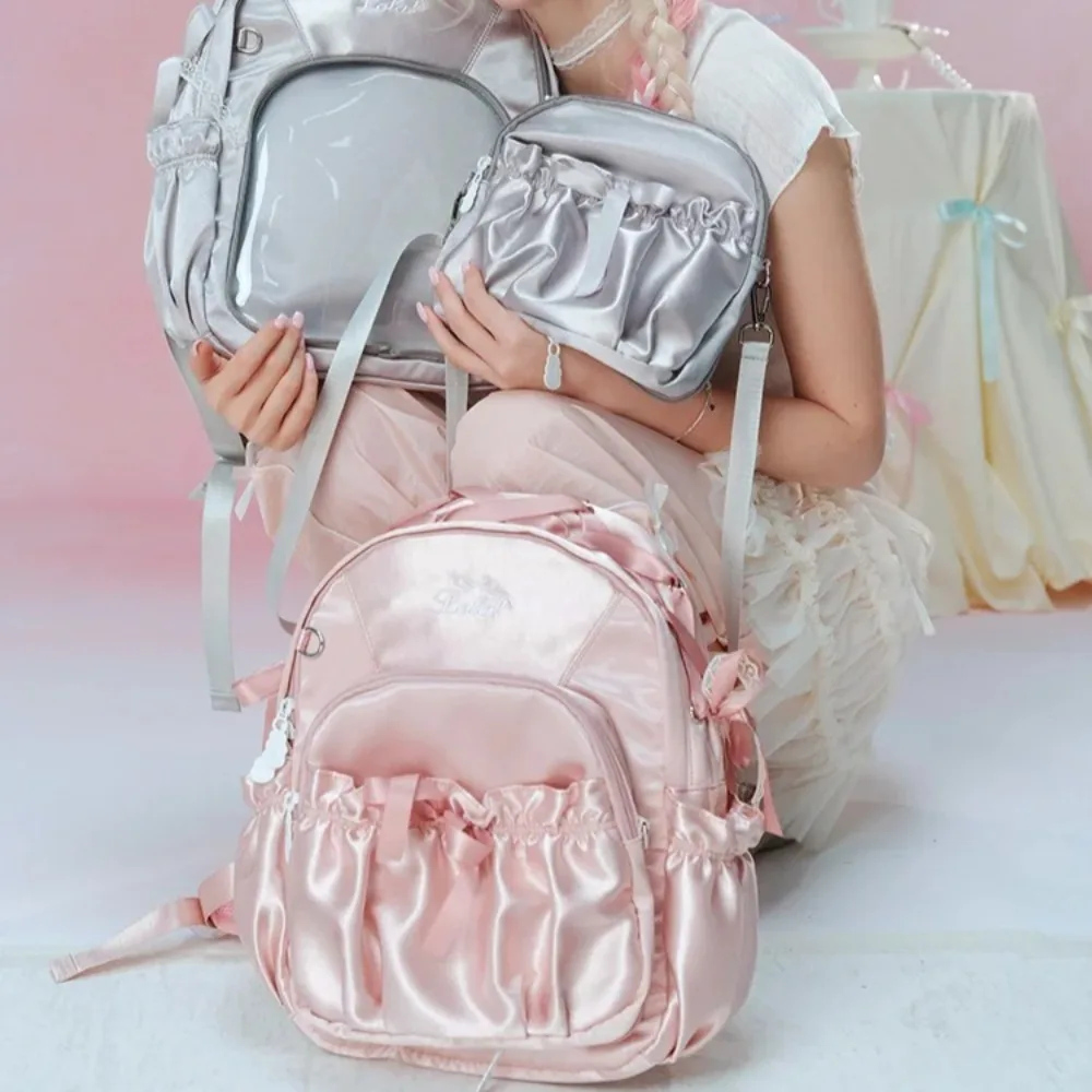 Japanese College Style Backpack Sweet Lolita Satin Bow Removable Backpack Fashionable Kawaii Versatile Girl Casual Pain Bag