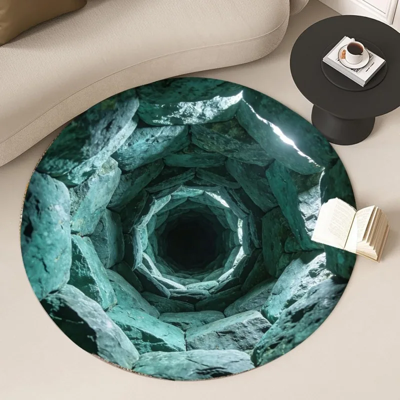 2D Print Cave Water Hole Theme Round Rug Soft Non-Slip Green Moss Plant Print Carpet Modern Home Decor Floor Mat for Living Room