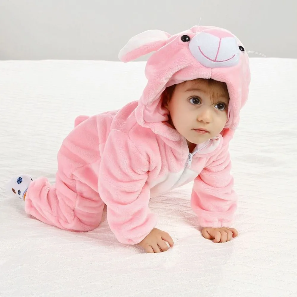 

Rabbit Coral Fleece Baby Hooded Rompers Dinosaur Soft Infant Jumpsuits Comfortable Cosplay Children Pajamas Autumn