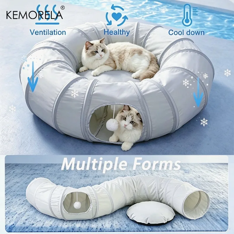 KEMORELA Sommer-Kühl-Katzentunnel, faltbares Katzenspielzeug aus kühlem Stoff, zusammenklappbar mit einer lustigen Ballöffnung