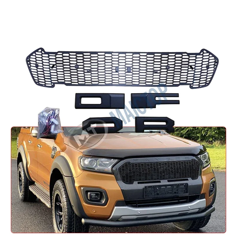 Maictop Car Accessories Black Front Bumper Grille Mesh Grill For Ford Ranger T8 Wildtrak Pickup 2019 2020 2021