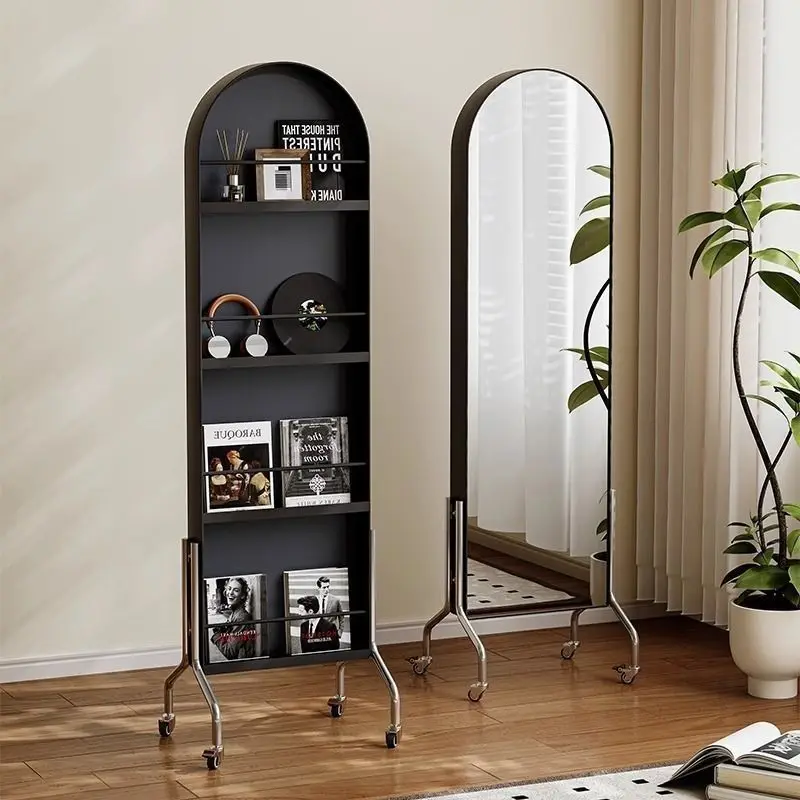 Full body mobile rotating home dressing mirror storage floor antique magazine rack bedroom high-definition mirror shelf