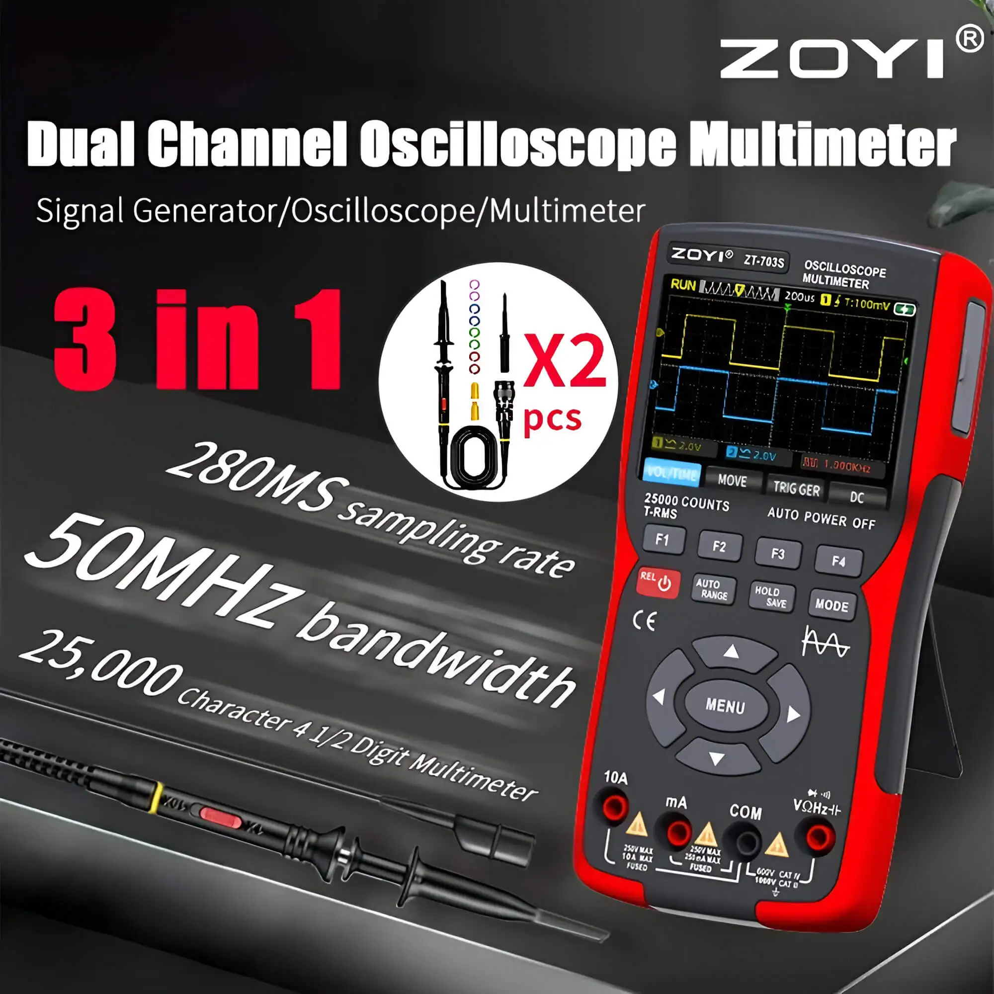 

ZOYI Dual-Channel Oscilloscope ZT-703S Multifunction Multimeter Signal Generator 3-in-1 High Precision