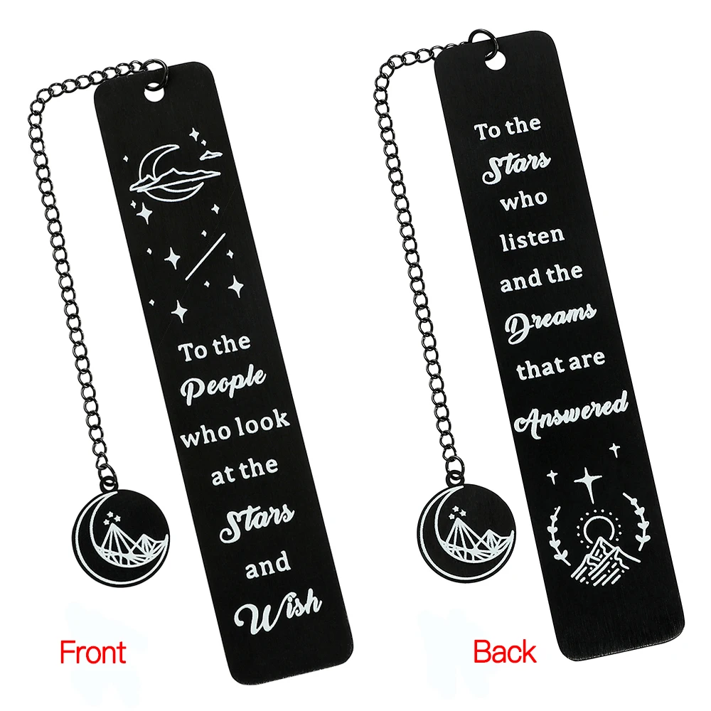 2 Sides Moon Star and Mountain Bookmarks for Book Lovers Gifts Stainless Steel Black Metal Book Mark with Tassel Gift for Friend