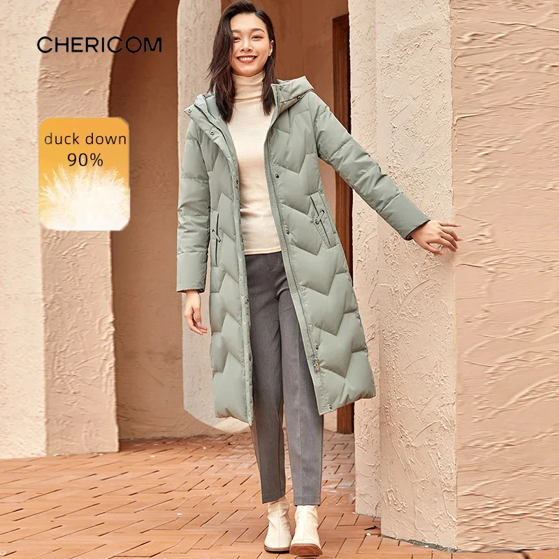 

Chericom Mid-Length Down Jacket Hooded Chevron Quilted Pattern Zippered Pockets Slim Fit Duck Down Woman's Puffer Coats Y279186Y
