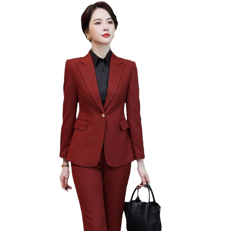 Traje Formal de chaqueta y pantalón para mujer, conjunto de 2 piezas, color verde, café y rojo