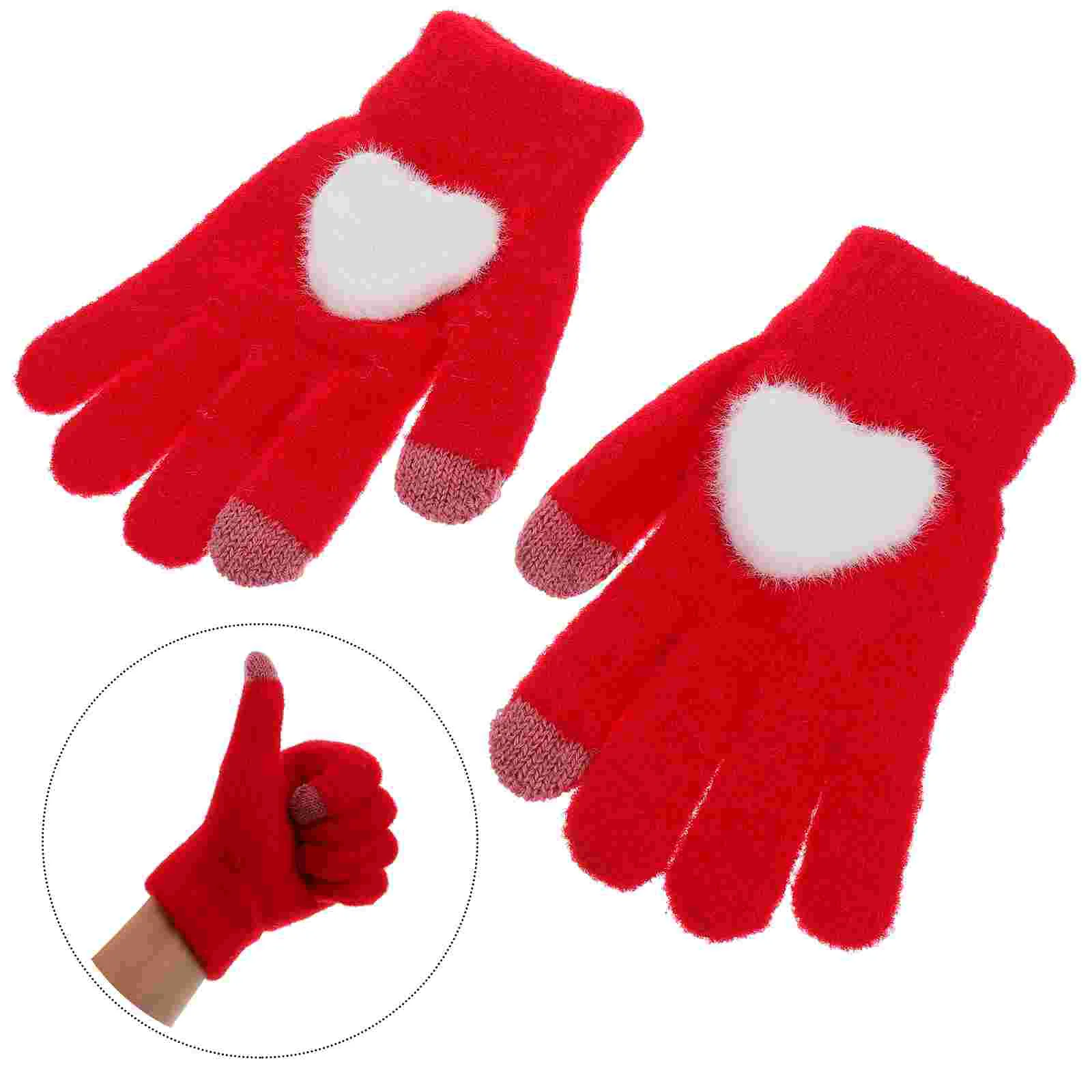 Mittens for Women Heart Knit Gloves Touch Screen Full Finger Cotton Warm Winter