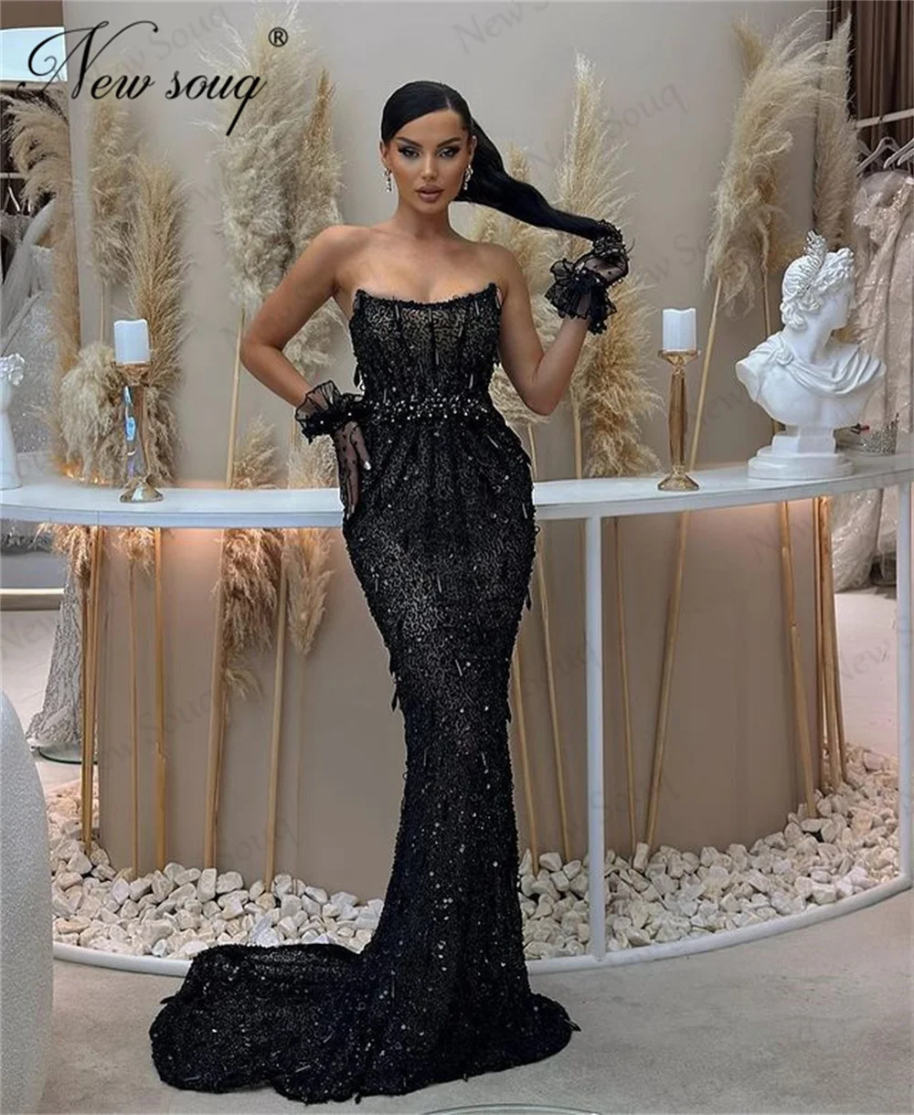 Black Mermaid Women Evening Dresses Without Gloves Elegant 2025 Pearls Party Dress Customized Dubai Birdal Prom Dress Vestidos