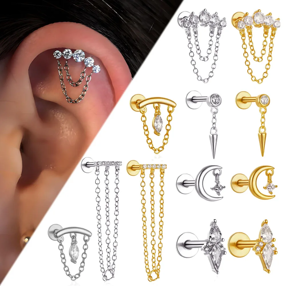 316L Stainless Steel 1PC Multiple Zirconia Tassel Cartilage Stud Earrings Fashionable Luxury Daily Wear Party Boutique Jewelry
