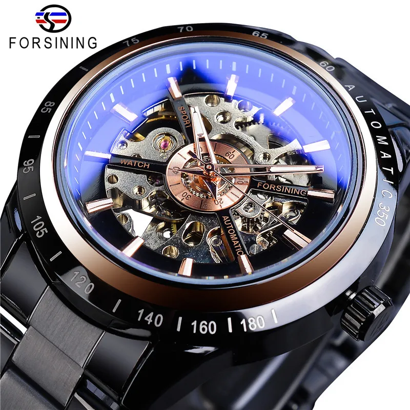 Fashion Forsining Top Brand Full Stainless Steel Men\'s Casual Waterproof Blue Glass Automatic Mechanical Business Wrist Watches