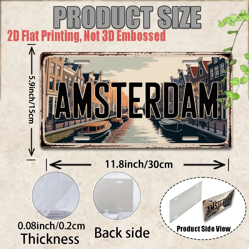 2D Flat - Vintage Metal Plaque of Amsterdam 2D Flat, 11.8inch x 5.9inch Aluminum Wall Art with Canal and Red Design, Durable /In