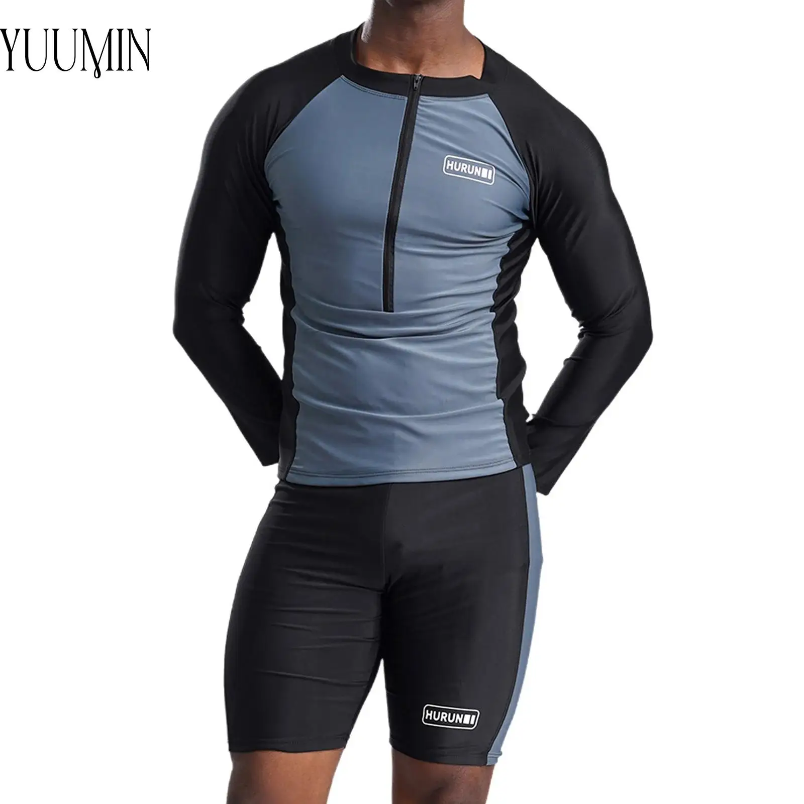 

2Pcs Mens Breathable UPF 50+ Rash Guard Swimsuit Long Sleeve Swim Top+Swim Shorts Trunks Set Athletic Training Surfing Swimwear