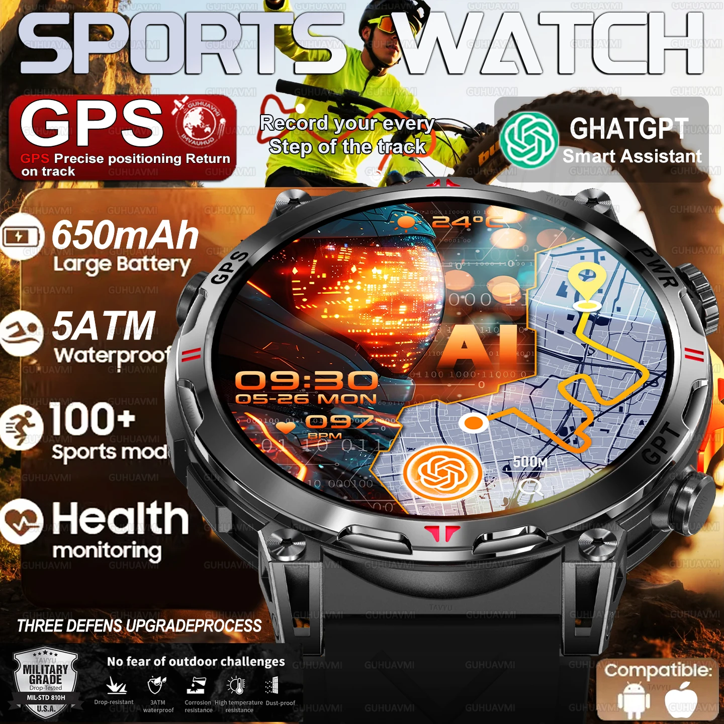2026 New Military Ultra GPS Compass Smart Watch For Outdoor Sports 5ATM Waterproof Heart Rate 650mAh Battery Smart Watch