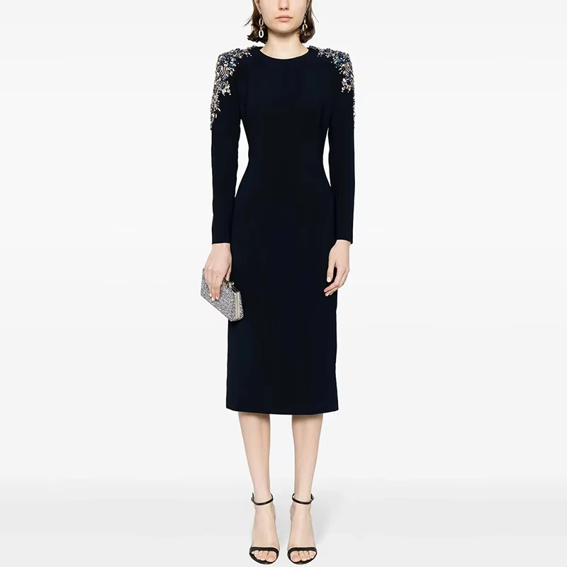 

Women’s long dress embroideried flares shoulder slim dress elegant round collar long sleeve knee length pencil dress