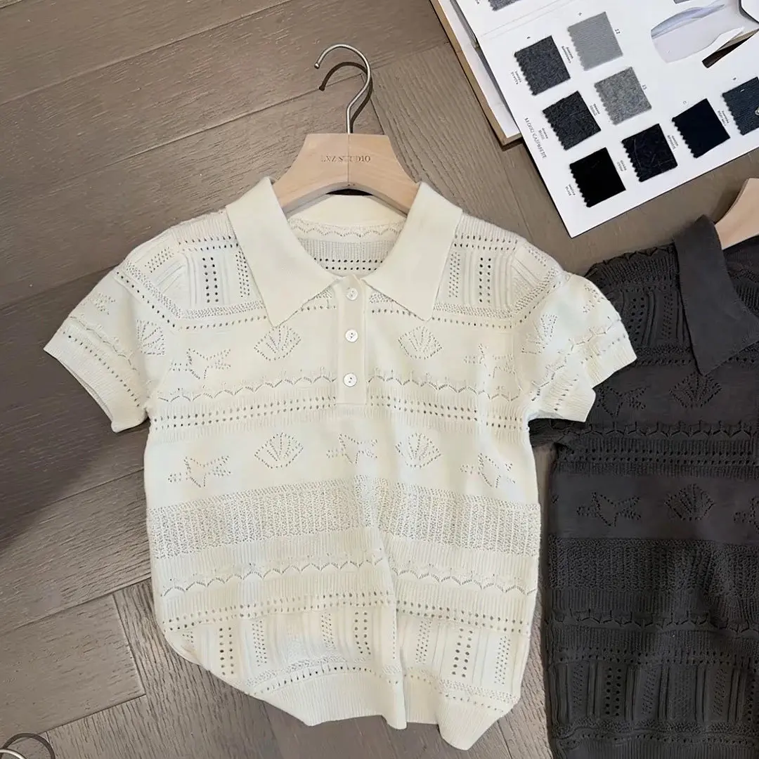  Collar Hollow out Knitted Top Women's Slim Fit Short Sleeve Light Weight Vest T-Shirt Maturity Style Overhead