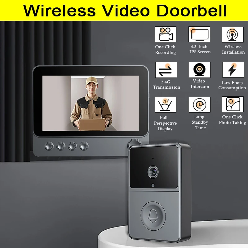 Campainha de monitoramento de vídeo 2.4G com tela IPS de 4,3 polegadas Gravação automática de fotos Visão noturna Intercomunicador bidirecional Campainha de vídeo