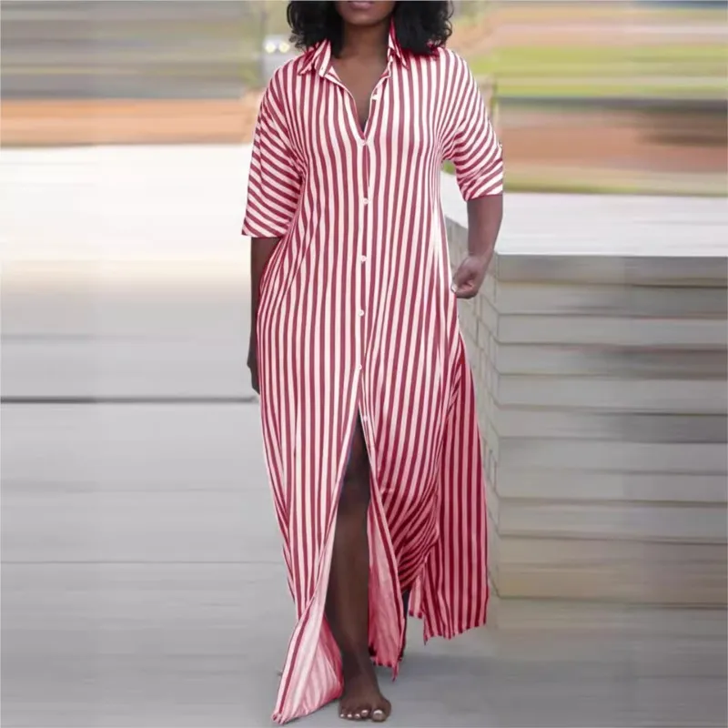 Women\'s Shirt Maxi Dress Summer Fashion Loose V-neck Button Long Striped Shirts Dresses For Women Robe Femme Casual Clouthing