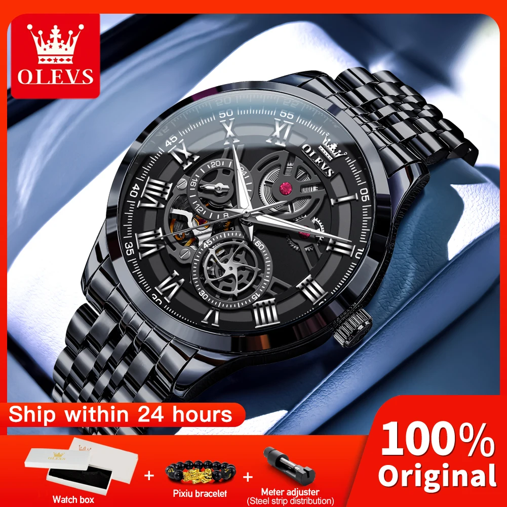 

﻿ OLEVS 7076 Мужские часы Элитный бренд Автоматические механические часы со скелетом ﻿ Водонепроницаемые часы из нержавеющей стали для мужчин, подарочная коробка