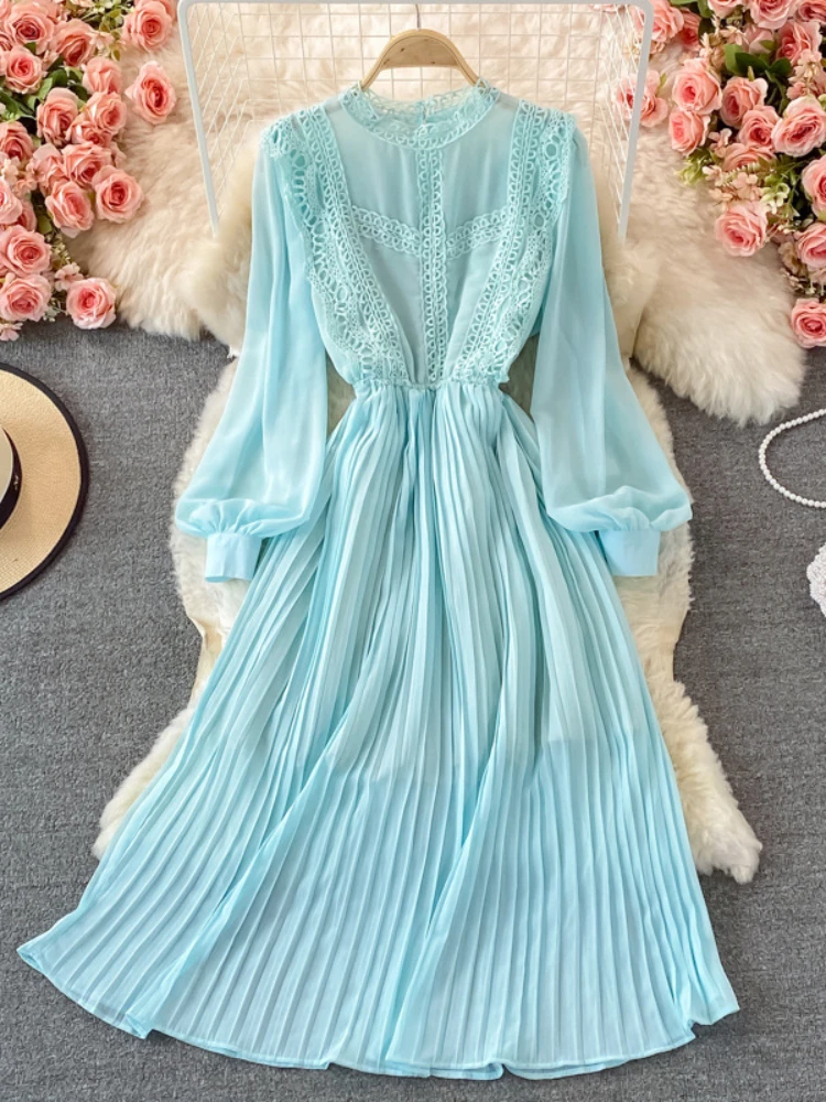 

Gentle Wind Retro Temperament Sweet Female Round Neck Waist Thin Pleated Slim Knee-length Large Hem Dress Long Skirt Lace Dress