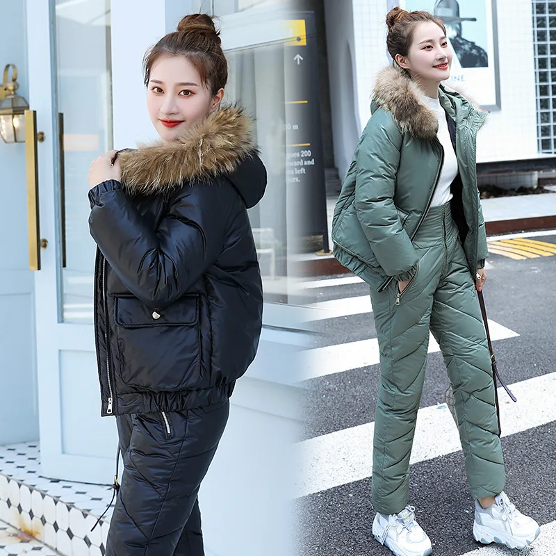 

2024 Winter Jacket Woman Snow Cloths Warm Pant Suits Real Fur Collar Parka Women Down Cotton Coat 2 pieces Set Outwear Ladies