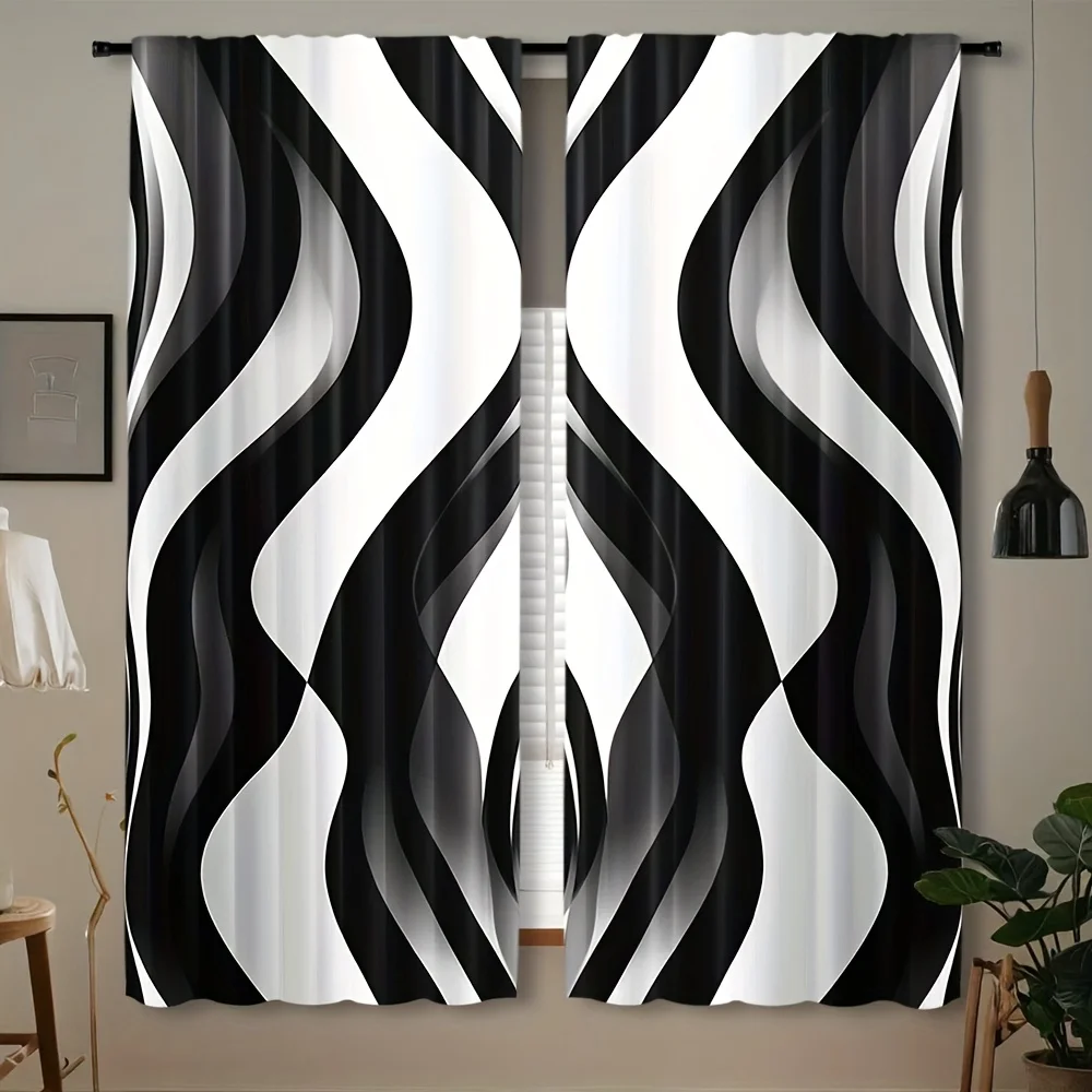 Abstract Modern Black White Wave Stripe Curtains Living Room Bedroom Decor Geometric Panel Drapes Home Privacy Window Filter
