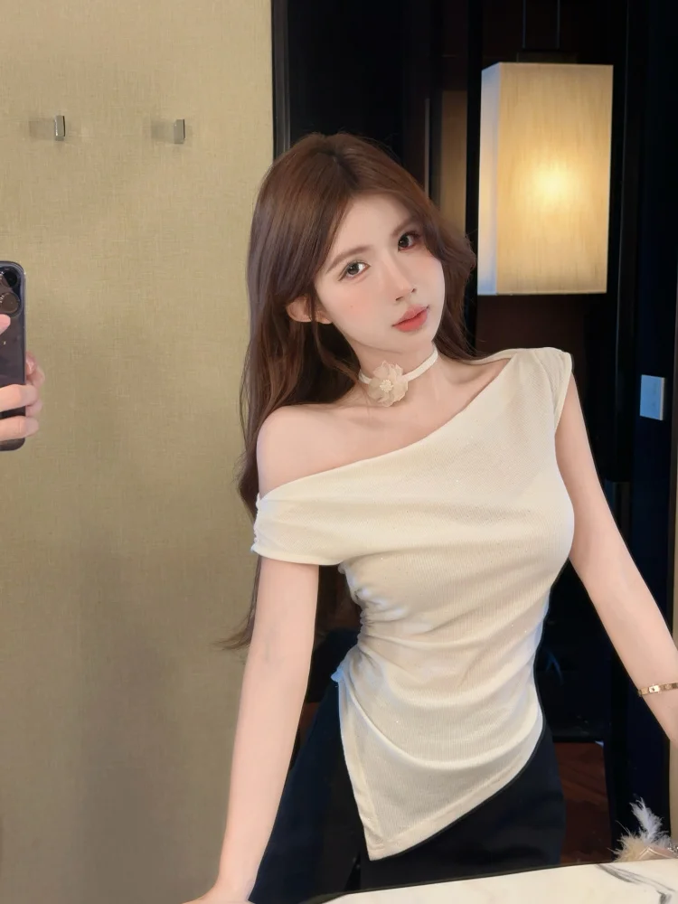 

Sweet Sexy Women's Slim Fit Shoulder Bared T-Shirt Summer Belted Short Sleeve Uneven Hemline Gentle Pure Desire Street Style