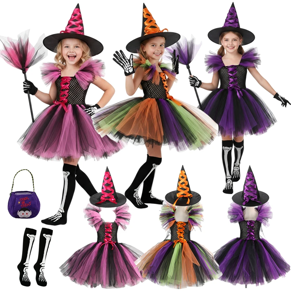 Mädchen Halloween Cosplay Hexenhut Besen Verkleidung Kostüm Kinder Karneval Party Kinderkleidung Outfit