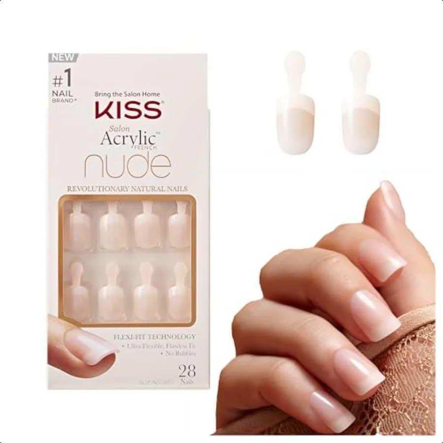 KISS Salon Acrílico Desnudo Punta Francesa Pr En Uñas Corto Baja Beige Squoval Incluye 28 Uñas Falsas Pegamento para Uñas 2g 1 Manicura