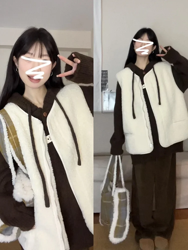 

Korean Sle Lamb Fur Vest Sweater Women's Faion Set Autumn Winter New Arrival High-End Feeling Two-Piece Set Long Sve r...