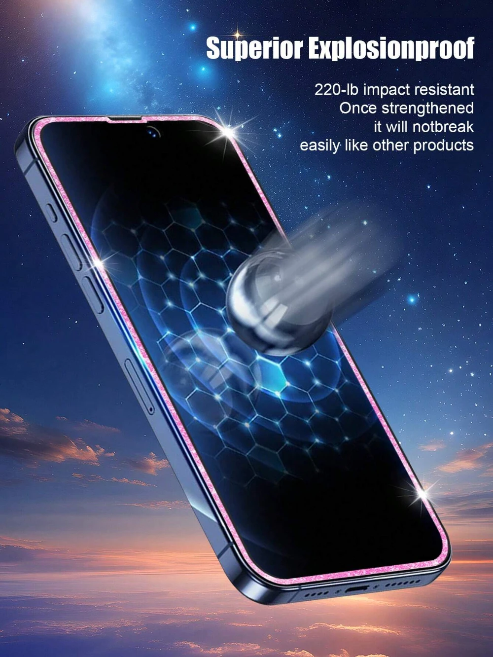 NNBILI 2 قطعة حافة الماس الزجاج المقسى المضادة للتجسس واقي للشاشة الوردي بريق الإطار آيفون 16 15 14 13 12 برو ماكس حامي #5