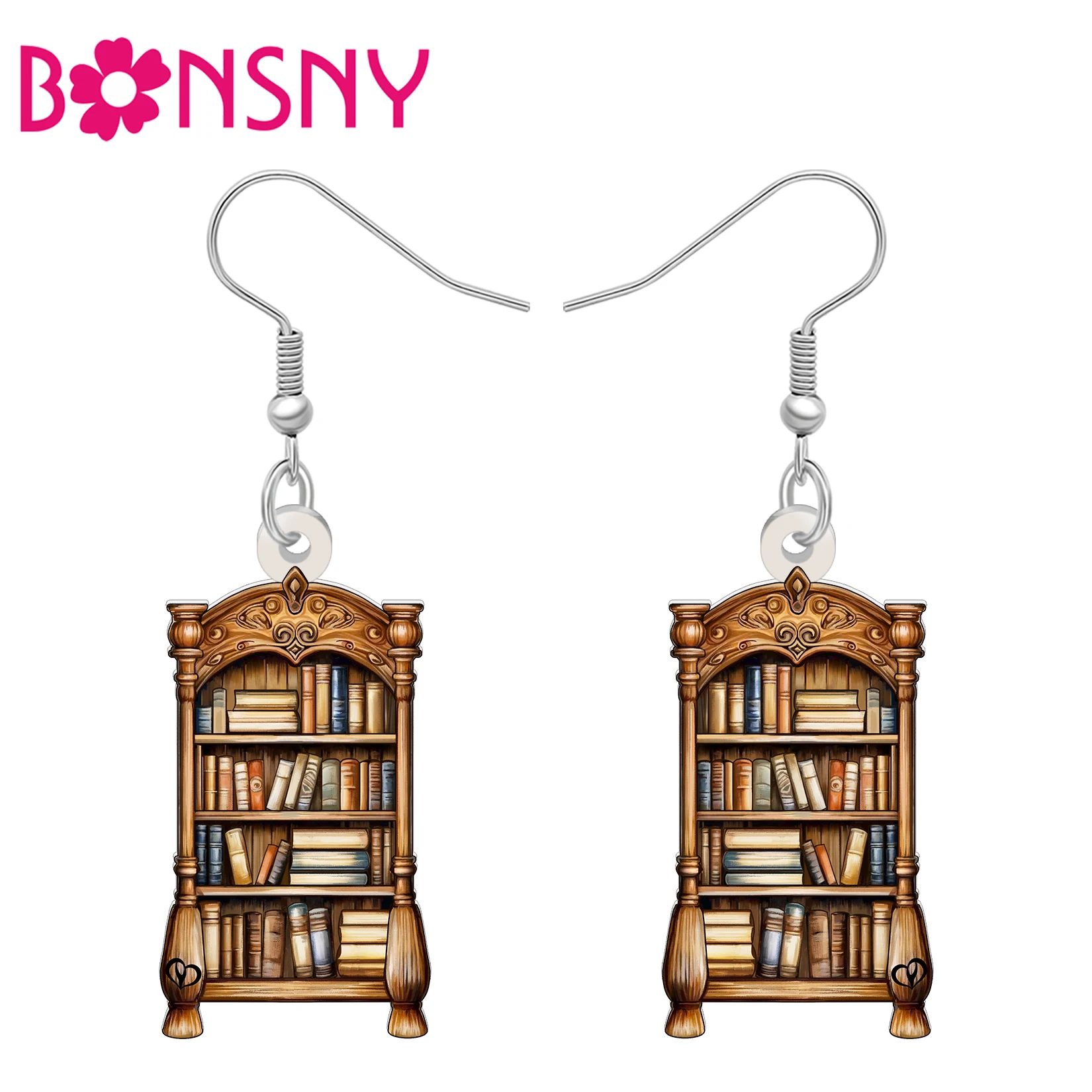 BONSNY Acrylic Retro Bookshelf Earrings Wood Bookcase Dangle Classical Books Jewelry Bookish Gifts For Women Readers Teachers